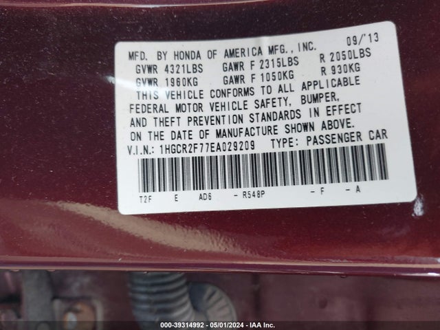 Honda ACCORD EX 2014 1HGCR2F77EA029209 Image 9