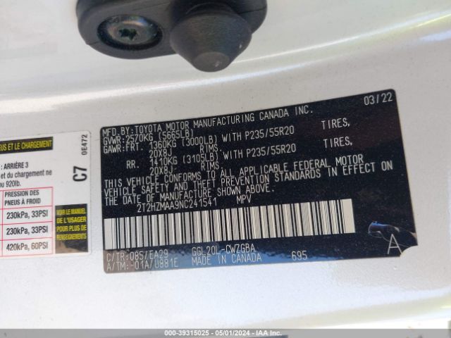 2T2HZMAA9NC241541 Lexus RX 350