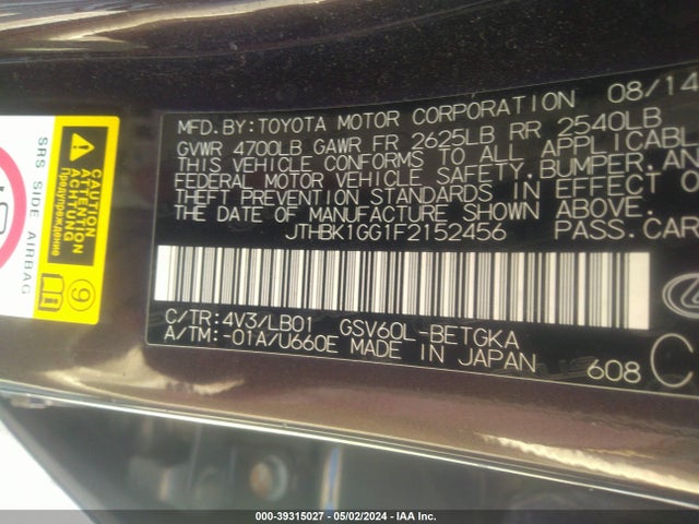 Lexus ES 350 2015 JTHBK1GG1F2152456 Image 9