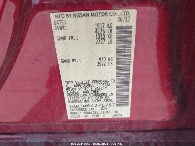 Nissan Altima 2.5 S 2017 1N4AL3AP6HC276787 Image 9