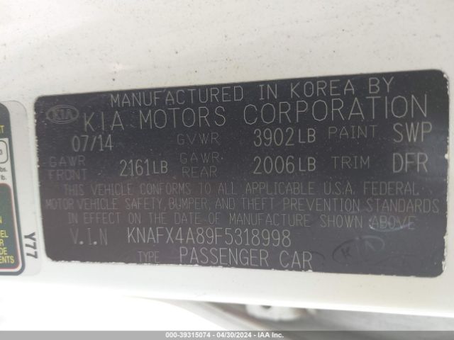 KNAFX4A89F5318998 KIA FORTE EX