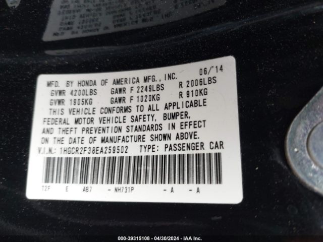 1HGCR2F38EA259502 Honda ACCORD LX