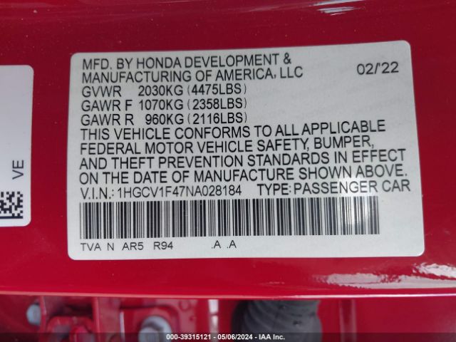 1HGCV1F47NA028184 Honda Accord Sport Special Edition