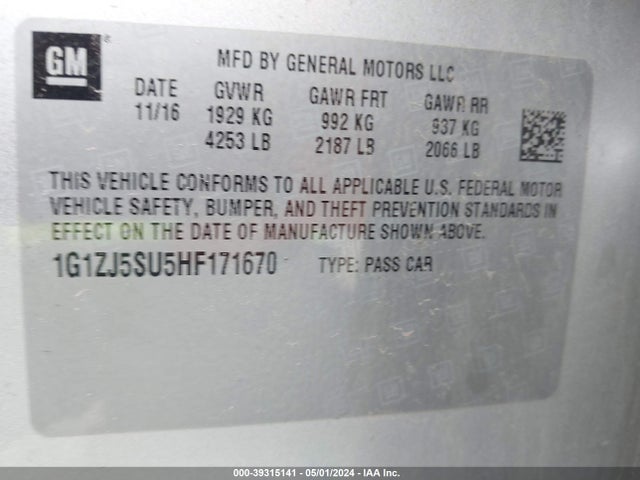 1G1ZJ5SU5HF171670 Chevrolet MALIBU HYBRID
