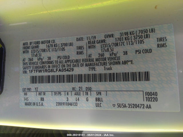 Ford F-150 Raptor 2020 1FTFW1RG8LFA05429 Image 9