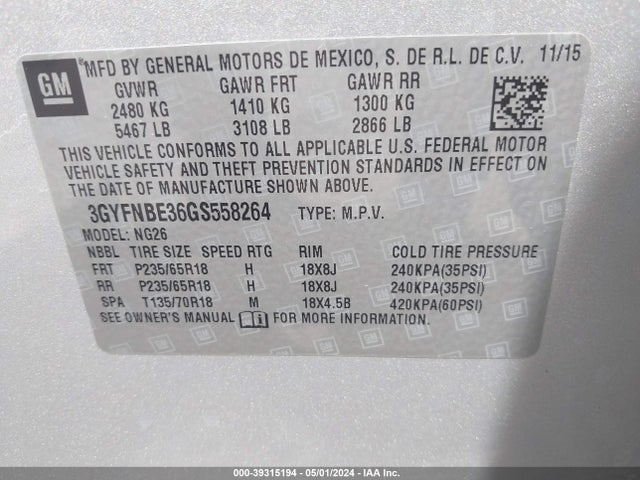 3GYFNBE36GS558264 Cadillac Srx Luxury Collection
