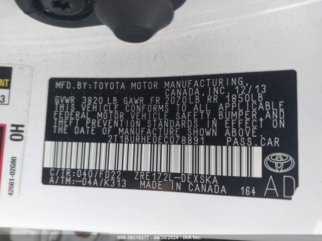2T1BURHE0EC078891 Toyota Corolla S Plus