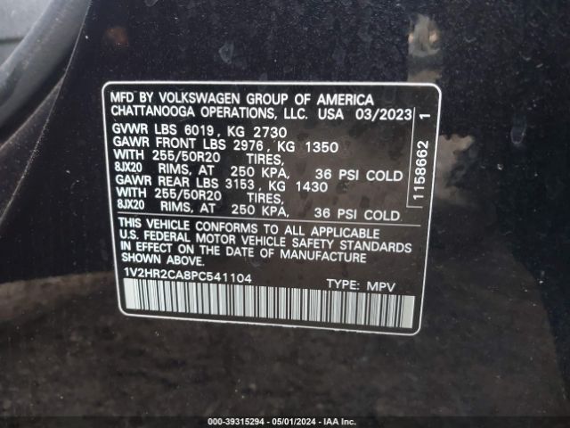 1V2HR2CA8PC541104 Volkswagen Atlas 3.6l V6 Se W/technology