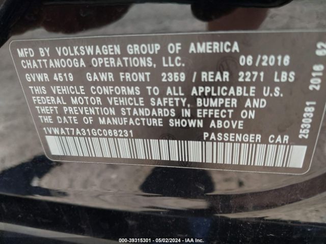 1VWAT7A31GC068231 Volkswagen Passat 1.8t S