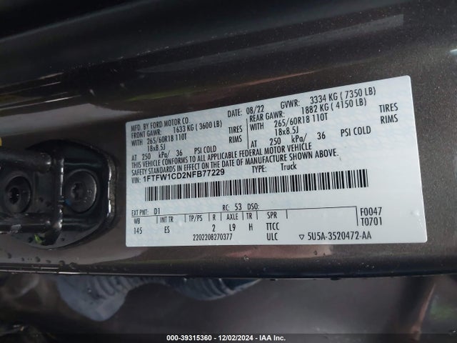 Ford F-150 Lariat 2022 1FTFW1CD2NFB77229 Image 9