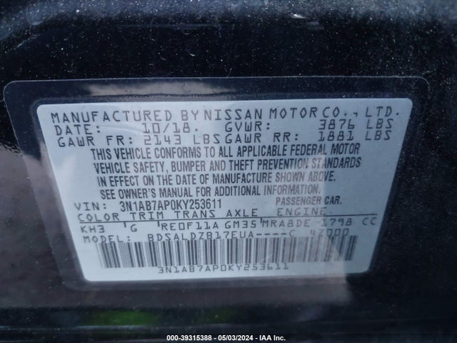 Nissan SENTRA SV 2019 3N1AB7AP0KY253611 Image 9