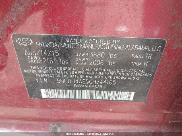 Hyundai ELANTRA SE 2016 5NPDH4AE5GH744105 Image 9