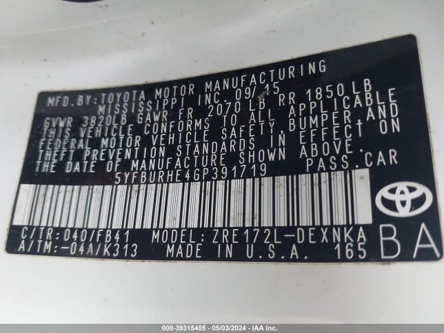 Toyota Corolla Le Plus 2016 5YFBURHE4GP391719 Image 9
