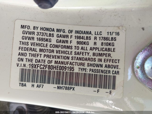 Honda CIVIC EX 2017 19XFC2F80HE009195 Image 9