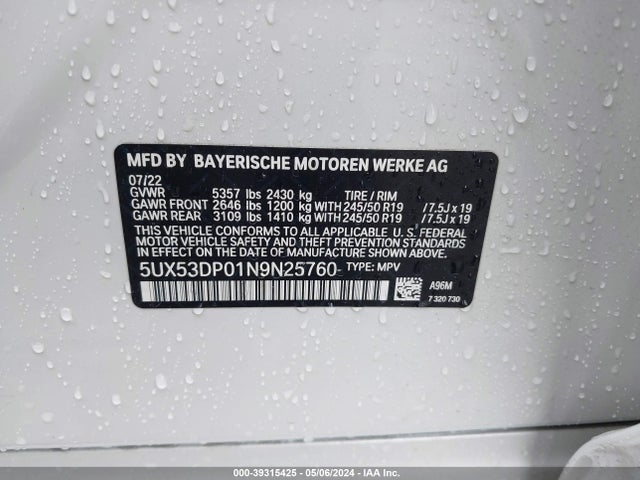 5UX53DP01N9N25760 BMW X3 Xdrive30i