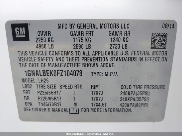Chevrolet EQUINOX 1LT 2015 1GNALBEK0FZ104078 Image 9