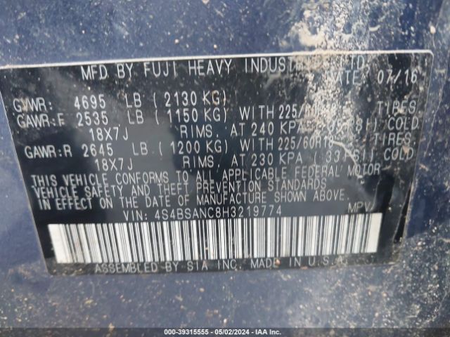 4S4BSANC8H3219774 Subaru Outback 2.5i Limited