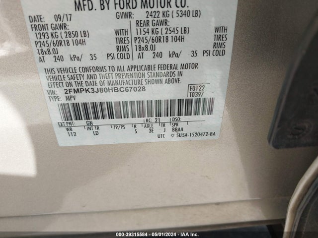 Ford EDGE SEL 2017 2FMPK3J80HBC67028 Image 9