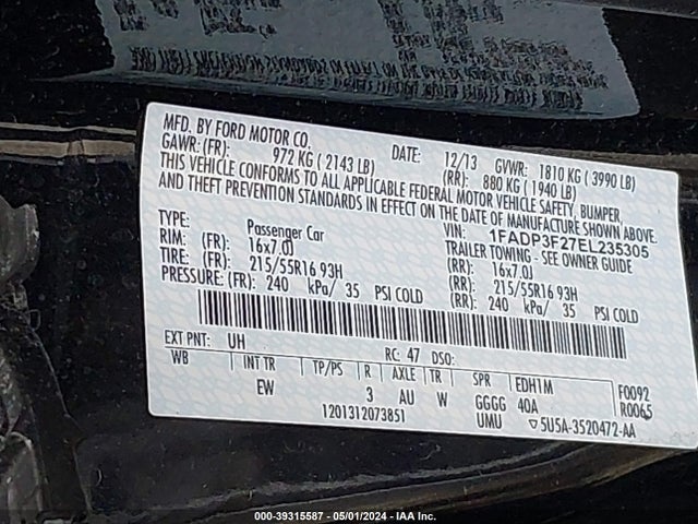 Ford FOCUS SE 2014 1FADP3F27EL235305 Image 9