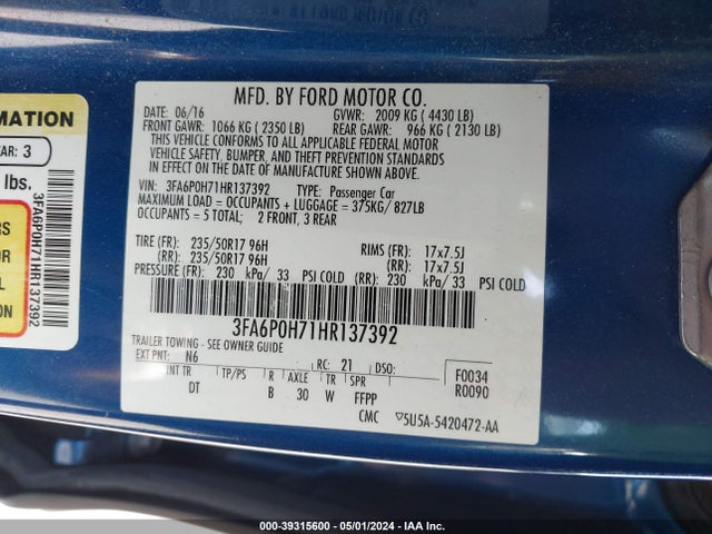Ford FUSION SE 2017 3FA6P0H71HR137392 Image 9