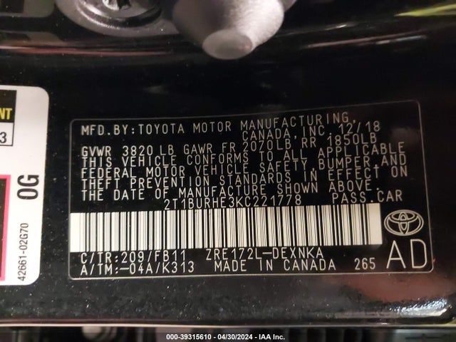 Toyota COROLLA LE 2019 2T1BURHE3KC221778 Image 9