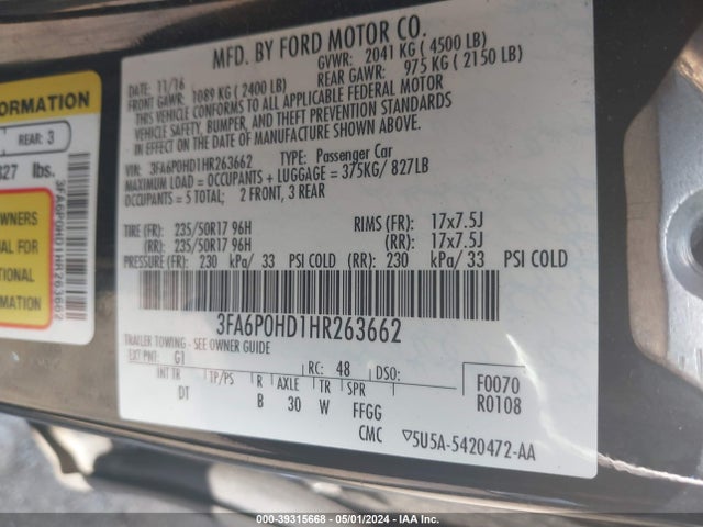 Ford FUSION SE 2017 3FA6P0HD1HR263662 Image 9