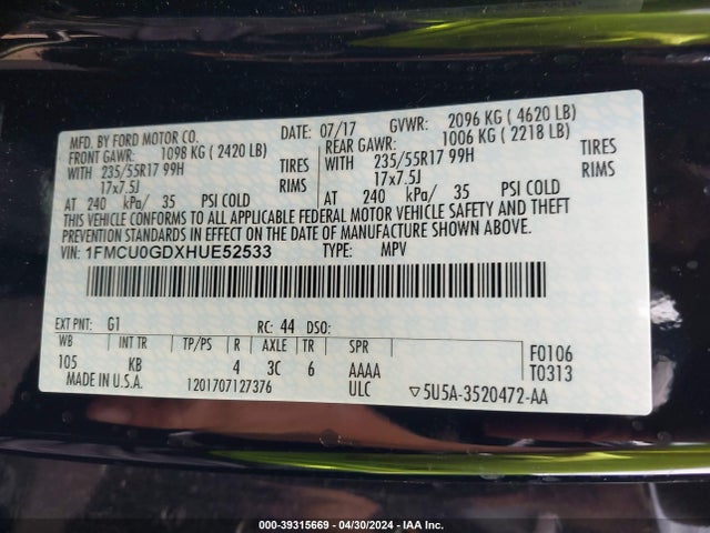 Ford ESCAPE SE 2017 1FMCU0GDXHUE52533 Image 9