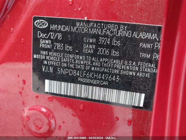 Hyundai ELANTRA SEL 2019 5NPD84LF6KH449643 Image 9