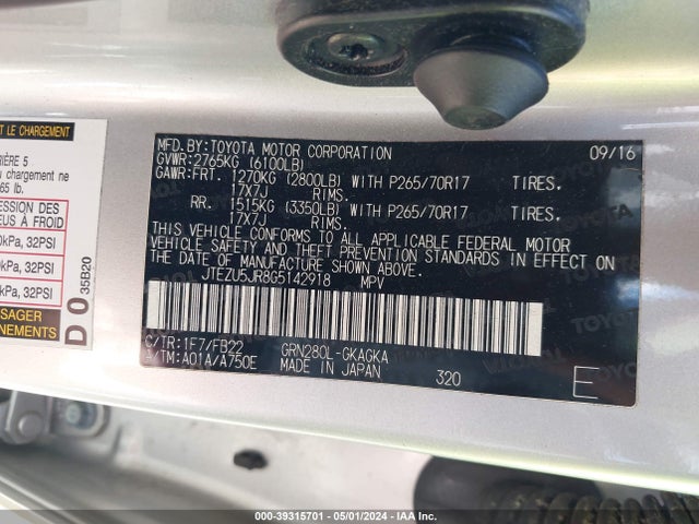Toyota 4RUNNER SR5 2016 JTEZU5JR8G5142918 Image 9