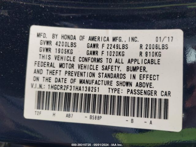 1HGCR2F31HA138251 Honda ACCORD LX