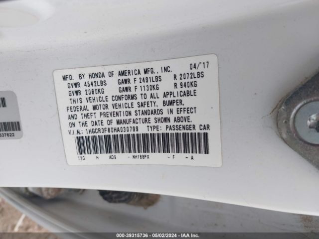 1HGCR3F80HA030799 Honda Accord Ex-l V6