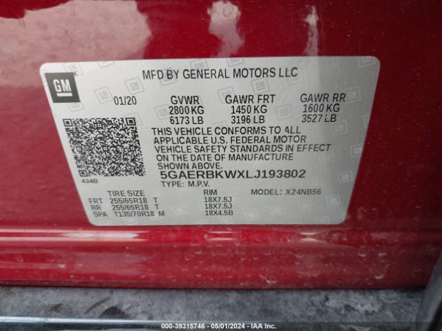 5GAERBKWXLJ193802 Buick Enclave Fwd Essence