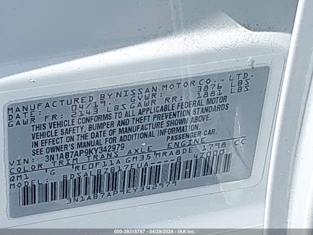 Nissan SENTRA S 2019 3N1AB7AP9KY342979 Image 9
