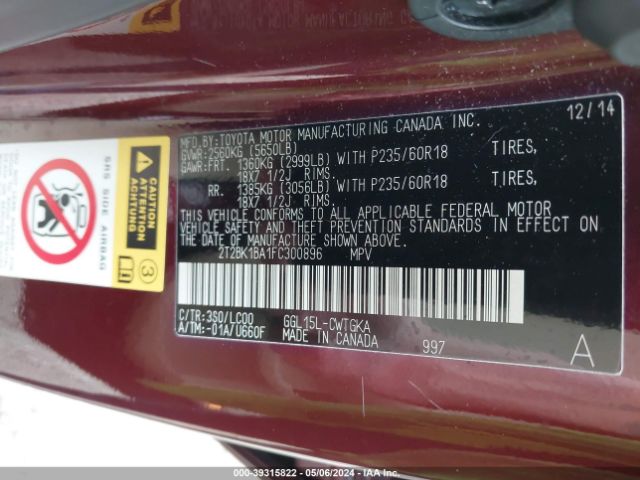 2T2BK1BA1FC300896 Lexus RX 350