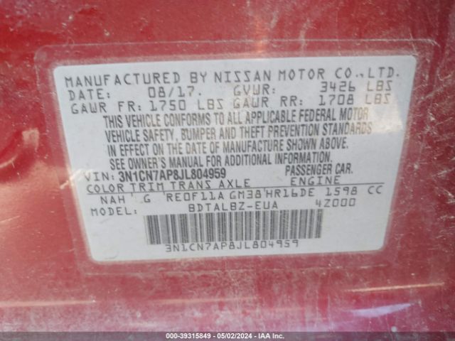 3N1CN7AP8JL804959 Nissan Versa 1.6 Sv