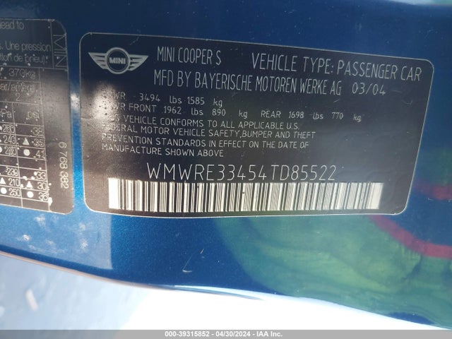 2004 MINI COOPER S WMWRE33454TD85522 Photo 8