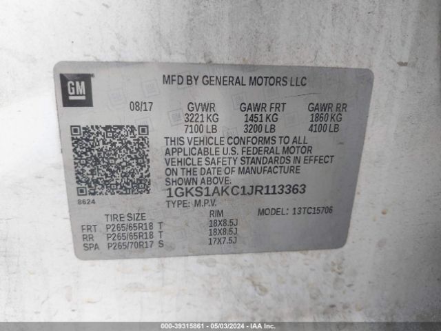 1GKS1AKC1JR113363 GMC YUKON SLE