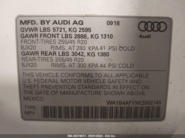 WA1B4AFYXK2002145 Audi Sq5 3.0t Premium