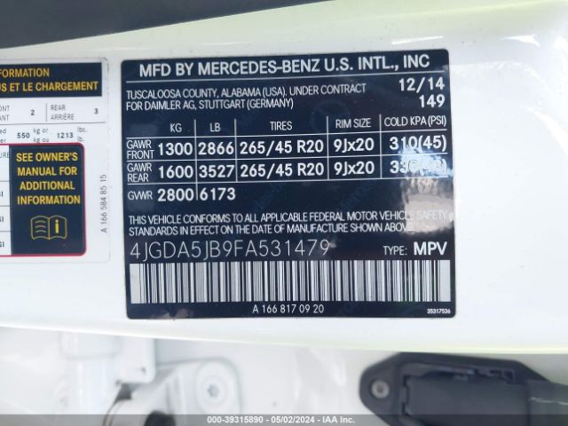 4JGDA5JB9FA531479 Mercedes-Benz ML 350