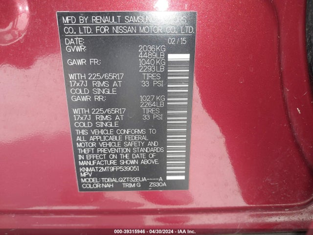 Nissan ROGUE SV 2015 KNMAT2MT9FP539051 Image 9