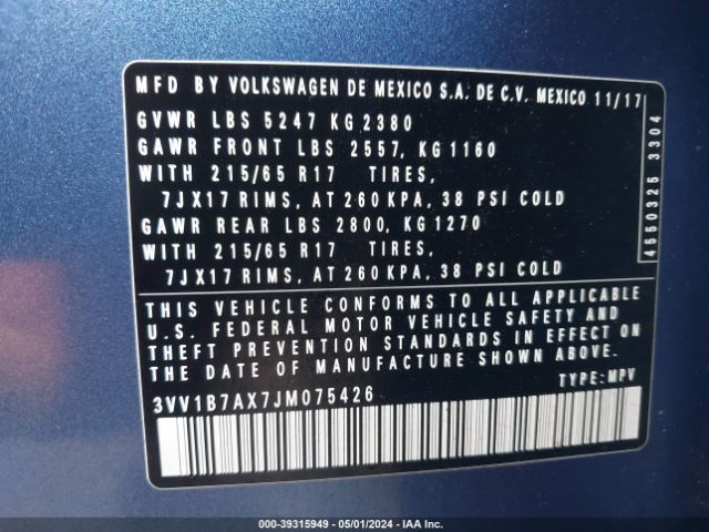 3VV1B7AX7JM075426 Volkswagen Tiguan 2.0t S