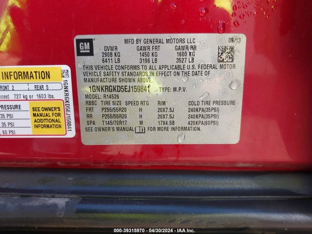 Chevrolet Traverse 1lt 2014 1GNKRGKD5EJ159841 Image 9