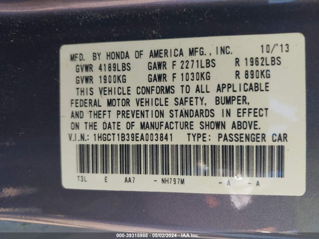 Honda Accord Lx-s 2014 1HGCT1B39EA003841 Image 9