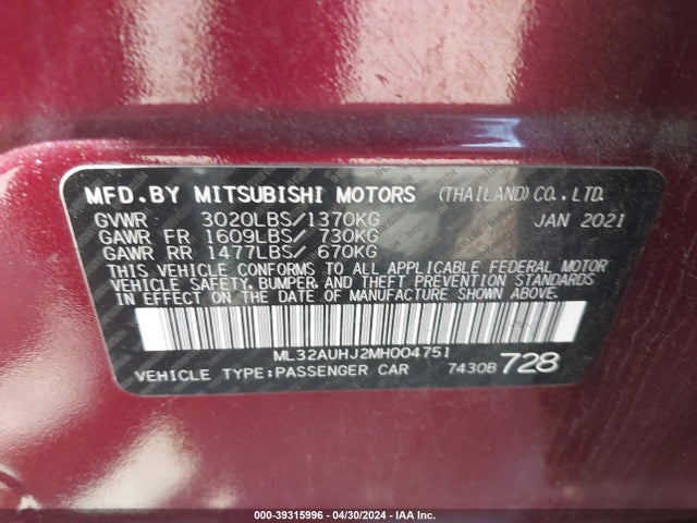 ML32AUHJ2MH004751 Mitsubishi Mirage Carbonite Edition/es/le