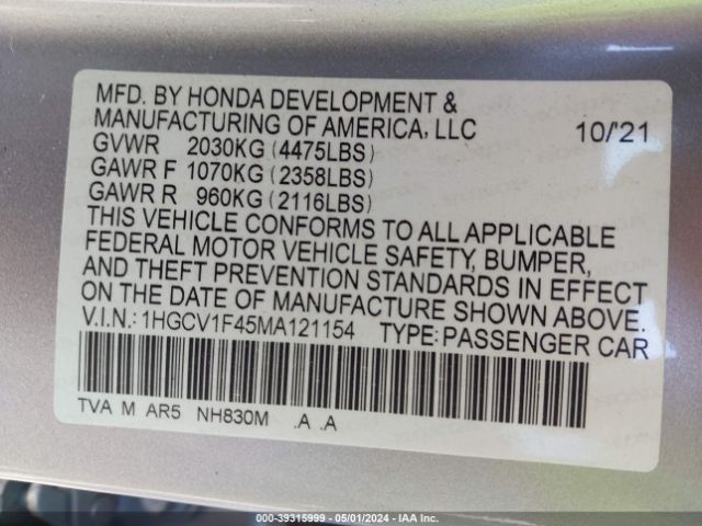 1HGCV1F45MA121154 Honda Accord Sport Special Edition
