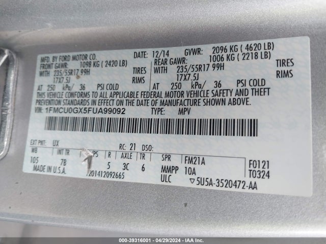 Ford ESCAPE SE 2015 1FMCU0GX5FUA99092 Image 9