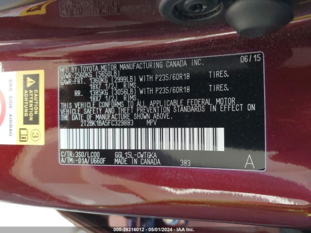 2T2BK1BA5FC329883 Lexus RX 350