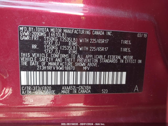 Toyota RAV4 LE 2019 2T3H1RFV1KW018870 Image 9