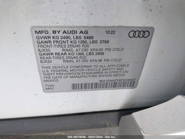 WA1EAAFY6P2039027 Audi Q5 Premium Plus 45 Tfsi S Line Quattro
