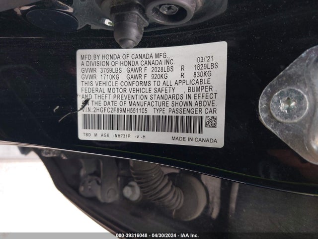 Honda Civic Sport 2021 2HGFC2F89MH551105 Image 9
